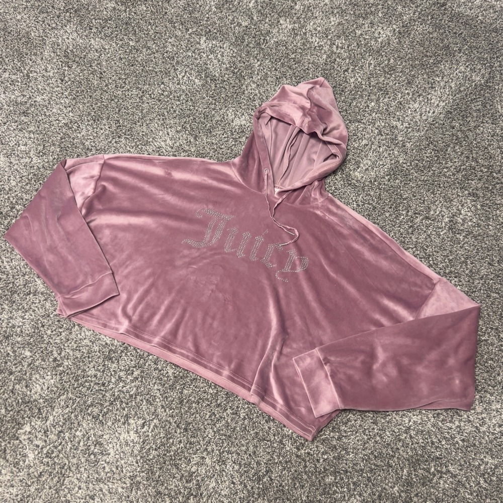 Juicy Couture Y2K Velour Hoodie Women XL Pink Rhinestone Logo Cropped Sweatshirt